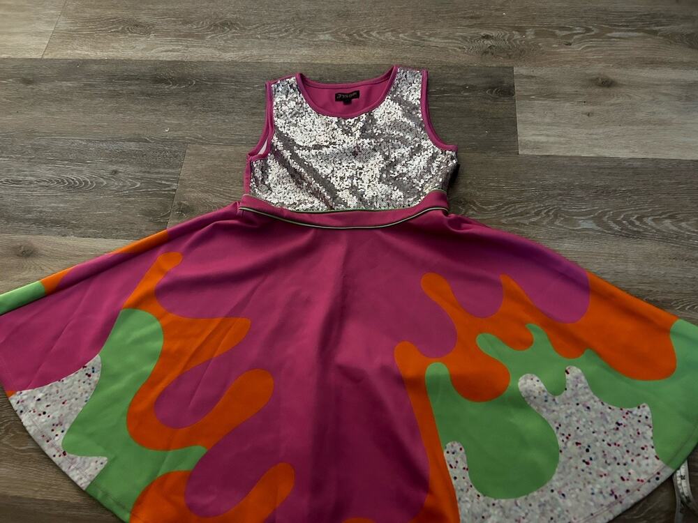 Jojo's Closet Pink Slime Skater Dress Rainbow Sequin Girls Lg 11/12 Bright Color